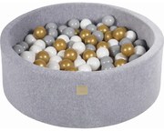 Okrągły Suchy Basen Z Piłeczkami 7cm Dla Dziecka, 90x30cm/200 Piłek, Welurowy, Jasnoszary, Piłki: Złote, Szare, Białe - Meowbaby®