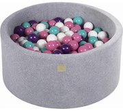 Okrągły Suchy Basen Z Piłeczkami 7cm Dla Dziecka, 90x40cm/300 Piłek, Welurowy, Jasnoszary, Piłki: Turkusowe, Białe, Jasnoróżowe, Perłowofioletowe - Meowbaby®