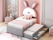 Łóżko dziecięce 90x200cm z weluru - łóżko z wysuwanym drugim łóżkiem i 3 szufladami oraz kolorowymi światłami LED - Szare