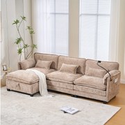 Nowoczesna sofa 3-osobowa - 279 x 83 x 85 cm - z portem USB, kieszenią boczną i podnóżkiem ze schowkiem - aksamit - khaki