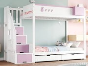 Łóżko piętrowe dziecięce 90x200 cm - zdejmowany pojemnik do przechowywania - drabinka bezpieczeństwa - z 2 szufladami - biały + różowy