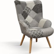 Szary fotel z tkaniny patchworkowej z drewnianymi nogami - HAVANA