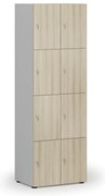 Drewniana szafka skrytkowa S4, 8 schowków, demontaż, zamek cylindryczny, szary/dąb naturalny