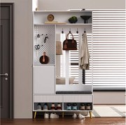 Nowoczesna szatnia wejściowa - z 4 wieszakami, 1 drzwiami i 2 szufladami - z ławką i otwartymi półkami - Biały