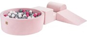 Piankowy Zestaw Do Zabawy Z Suchym Basenem 90x30cm/200 Piłek 7cm, Plac Zabaw Dla Dziecka, 4 Elementy, Welurowy, Jasnoróżowy, Piłki: Szare, Białe, Różowe - Meowbaby®