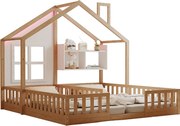 Łóżko domkowe dziecięce 90 x 200 cm - z oświetleniem LED - z barierkami bezpieczeństwa - z półkami do przechowywania - naturalny​ (materac nie jest wliczony w cenę)