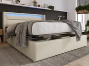 Łóżko ze schowkiem i zagłówkiem - 140 x 200 cm - skóra ekologiczna - diody LED - białe