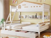 Łóżko piętrowe drewniane 90x200cm + 140x200cm - z drabiną i 2 szufladami - Białe i Naturalne