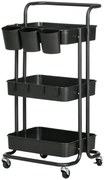 HOMCOM Wózek na 3 Poziomy z Koszykami i Hakami, Wózek Pomocniczy do Kuchni lub Salonu, Stal, Tworzywo Sztuczne, Czarny