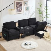 Sofa 3-osobowa, sofa sztruksowa z pufem i szufladami, 2 uchwytami na kubki i portem USB - czarna