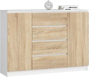 Komoda AKORD K140 Biała 138 cm 2 drzwi 4 szuflady kolor Dąb Sonoma mat 4 półki 138x40x99 cm