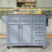 Niebieska wyspa kuchenna na kółkach z 4 szufladami do przechowywania, blat z płyty MDF