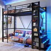 Łóżko piętrowe dla dzieci - 90 x 200 cm - konstrukcja żelazna - z półkami + 4 szuflady + diody LED - metalowe - czarne