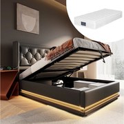 Łóżko tapicerowane dziecięce ze schowkiem - 90 x 200 cm - Materac + Leds + Zagłówek z USB - Skóra ekologiczna - Czarny