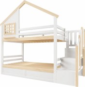 Łóżko piętrowe dla dzieci - 2 x 90 x 200 cm - z łóżkami hydraulicznymi + drabinka ze schowkiem - drewniane - białe