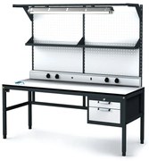 Alfa 3 Antystatyczny stół warsztatowy ESD, panel perforowany, półka, oświetlenie, 2 skrzynki szufladowe na narzędzia, 1800 x 800 x 745-985 mm