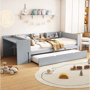 Łóżko wysuwane 90 x 200 cm – łóżko dziecięce z biurkiem i 3 półkami – otwarta przestrzeń do przechowywania – szare drewno