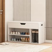 Biała szafka na buty z drewnianym siedziskiem i schowkiem 80 cm