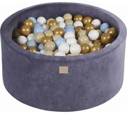 Okrągły Suchy Basen Z Piłeczkami 7cm Dla Dziecka, 90x40cm/300 Piłek, Welurowy, Szaroniebieski, Piłki: Złote, Błękitne, Beżowe, Białe - Meowbaby®