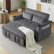 Sofa rozkładana 3 w 1 z regulowanym oparciem i uchwytami na kubki, szary aksamit, do małych przestrzeni lub kawalerek