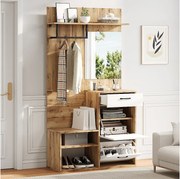 Szafka z lustrem - 100 x 38,5 x 190 cm - z szafką na buty + 1 szufladą + 1 garderobą - płyta wiórowa - naturalna