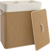 HOMCOM Kosz na pranie z bambusa z pokrywą 2 komory 100 L, kosz na bieliznę z uchwytami z liny, wymienny worek na pranie