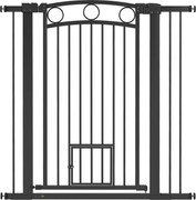 PawHut Ogrodzenie dla zwierząt 106 cm z regulowaną szerokością, wbudowane drzwiczki dla kotów, do schodów i ram drzwiowych, czarne