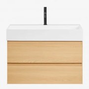 Zestaw Mebli Łazienkowych Z Drewna I Forniru Jesionowego Z Wbudowaną Umywalką Ona Naturalna & Bezlusterkowiec & Czarny ↑20 - Sklum