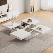 Stolik kawowy kwadratowy z 4 szufladami - 90 x 90 x 25 cm - Blat przesuwny - Płyta wiórowa - Biały