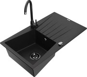 Mexen Cesar zlewozmywak granitowy 1-komorowy z ociekaczem i baterią kuchenną Telma, czarny - 6514-77-670200-70-B