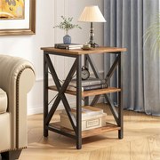 Industrialny stolik kawowy z półkami – 40 x 40 x 60 cm, MDF z efektem postarzanego drewna i metalowymi nogami