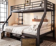 Łóżko piętrowe 90x200 cm + 140x200 cm - z półką na buty - przegrody przechowawcze - barierki bezpieczeństwa i drabina - czarny