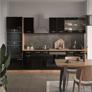 Zabudowa kuchenna czarny/złoty dąb o wysokim połysku 300x46x81.6 r-line