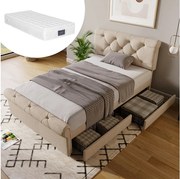 Łóżko dziecięce 90 x 200 cm - z 2 szufladami, stelażem z listew - naturalny len - materac wliczony w cenę