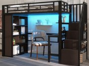 Łóżko na antresoli 90x200 cm - z biurkiem + przegródkami do przechowywania - z taśmą LED - z drabiną - Czarny​ (materac nie jest wliczony w cenę)