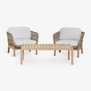 Zestaw Wypoczynkowy Z 2 Fotelami I Stolikiem Kawowym Z Drewna Akacjowego I Plecionej Liny Karvia Jasny Akacjowy Brąz & Tkaniny Biała - Sklum