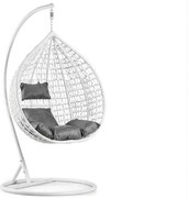 Białe wiszące krzesło KOKON ze stojakiem, szara poduszka