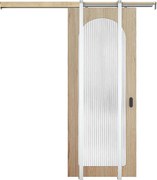 Drzwi przesuwne z systemem chowanym w ścianie z drewna i MDF - łuk naturalny jasny i szkło hartowane ryflowane - W205 x S93 cm - ODEZA