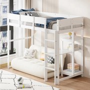 Łóżko piętrowe 90x200 cm – z półkami do przechowywania, drewniany stelaż – białe – materac nie jest wliczony w cenę