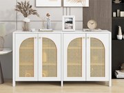 Nowoczesny bufet z regulowanymi półkami - drzwi z rattanu - MDF - Biały