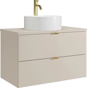 Wisząca szafka łazienkowa z okrągłą umywalką nablatową i baterią - Beżowa - 80 cm - LAVENA