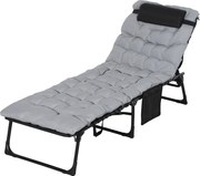 Outsunny Leżak składany, regulowane 5-pozycyjne oparcie, poduszka, wałek, do 120 kg, Stal, szary, 58 x 189 x 32,5 cm