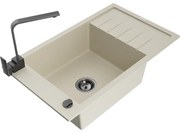Mexen Elias zlewozmywak granitowy 1-komorowy z ociekaczem i baterią kuchenną Rita, beżowy - 6511-69-670300-70