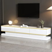 Biały stolik pod TV - stolik pod TV z 3 szufladami i złotymi wykończeniami - Płynne, ciche dolne prowadnice