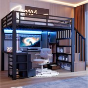 Łóżko piętrowe dla dzieci - 90 x 200 cm - rama żeliwna - z 4 szufladami + półka + drabinka + diody LED + biurko - metalowe - czarne