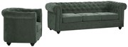 Kanapa 3-osobowa i fotel z zielonej tkaniny CHESTERFIELD