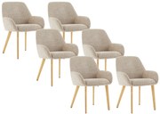 Zestaw 6 krzeseł z podłokietnikami z tkaniny z bukli i drewna kauczukowego - Taupe i jasny naturalny - VALENYO