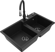 Mexen Tomas zlewozmywak granitowy 2-komorowy z baterią kuchenną Savita, czarny - 6516-77-672601-70-B