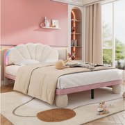 Łóżko dla dorosłych 140 x 200 cm – z zagłówkiem, stelażem – aksamit – beżowe i różowe – materac nie jest wliczony w cenę