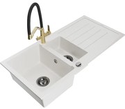 Mexen Andres zlewozmywak granitowy 1,5-komorowy z ociekaczem i baterią kuchenną Duo, biały - 6515-20-671701-57-B